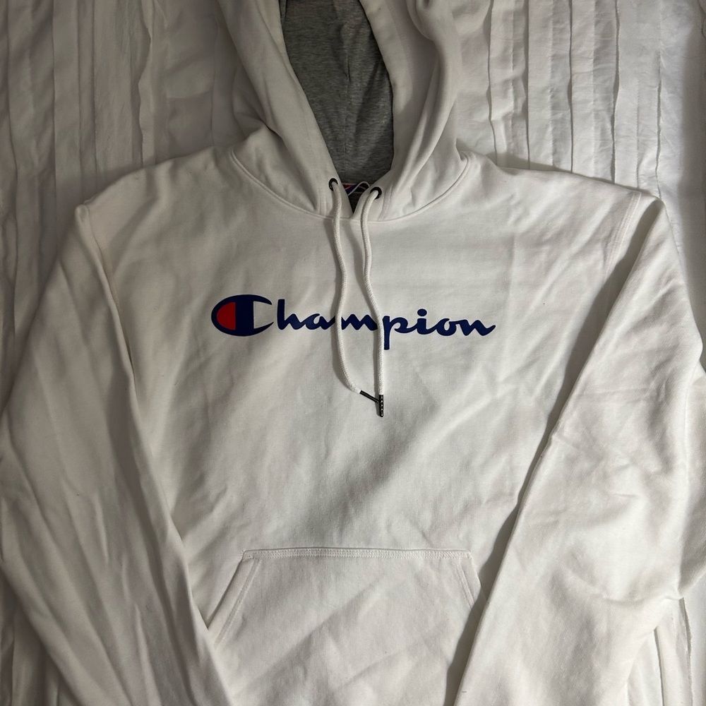 Champion Reverse Weave Mens Hoodie Size L White Pullover Classic Logo EUC